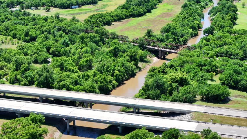 Aerial landscape of old bridge and plains sunny summer day old Route 66 El Reno Oklahoma OK USA