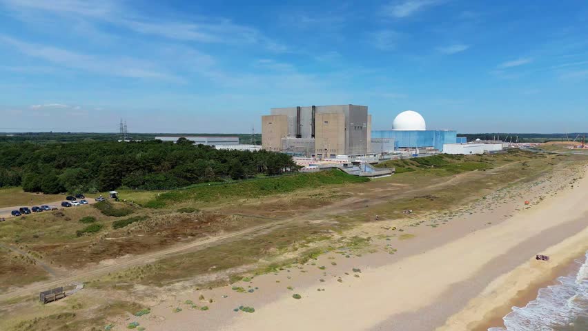Aerial drone view of Sizewell B nuclear power plant, electrical energy generation fission technology and sub station supply atomic power, East Coast North Sea, United Kingdom, Europe. 