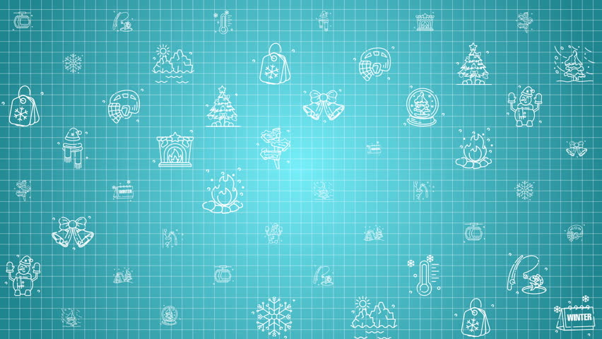 Doodle winter holiday icons line art seamless pattern on a teal background. Loop motion graphic.