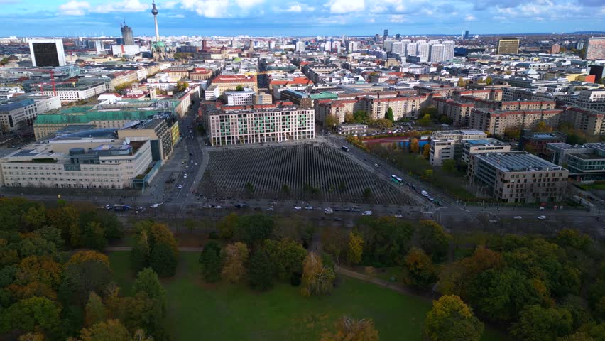 Berlin cityscape Holocaust Memorial at autumn. Amazing aerial view flight drone