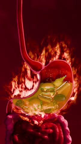 Gastric Pain and Heartburn Caused by Overeating, Stress, and Acid Reflux in Human Digestive System Visualization