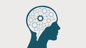 Human Mind Mechanism and Cognitive Network. Conceptual flat design animation of human head silhouette and Brain filled with interconnected gears and nodes, intelligence, neural connections. - Powered by Shutterstock - Get 15% off with code: PIKWIZARD15