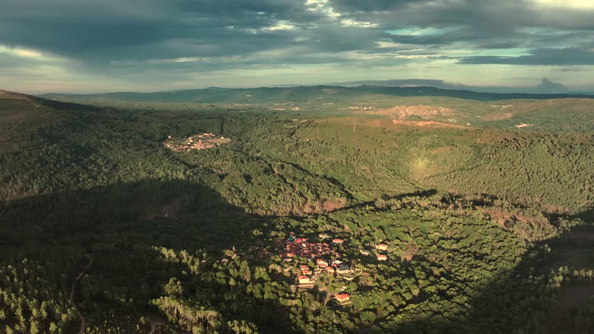 Mountainous Landscape At Espiñeiros Hamlet Within The O Irixo Municipality In The Province Of Ourense, Galicia, Spain. Aerial Wide Shot