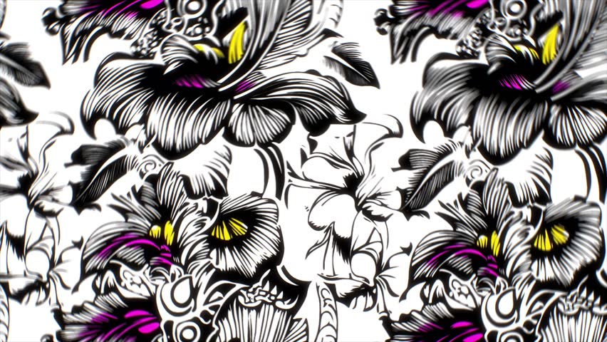 Seamless classic tropical illustration with botanical Art Deco vibe. High-contrast floral elements white background, positioned lower section, create vintage aesthetic.