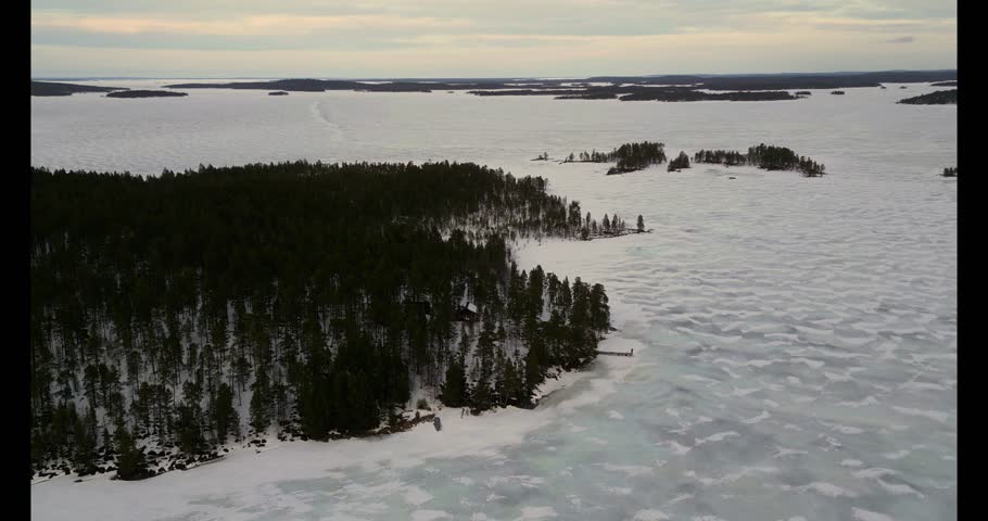 Aerial view of lake Inari in winter, Finland