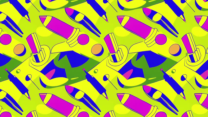 A bright repeating pattern of lipsticks, cosmetic pencils, and circular compacts fills the frame in a tightly interlocked grid. Vivid yellow dominates the background while pink, lime green, and blue elements create strong complementary contrast and bold visual impact. The illustration references Pop Art through saturated color fields, thick outlines, and simplified geometric forms arranged in rhythmic repetition. Works as an animated background for digital screens. Horizontal motion.