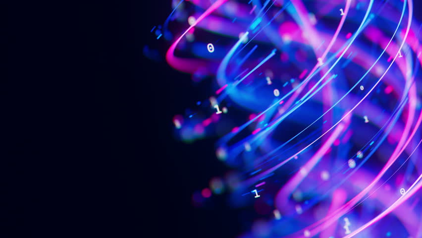 Closeup of Big data light speed flow by helix. Abstract digital data stream of quantum computing. Cyberspace of neural network helix. Modern tech information transmission.