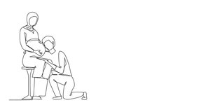 Animated self drawing of single one line drawing husband kneel down and listening to his Arabian pregnant wife belly, expecting new born baby. Man hugs pregnant woman. Full length animation - Powered by Shutterstock - Get 15% off with code: PIKWIZARD15