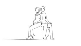 Animation of continuous one line drawing expecting parents in yoga class for pregnant women. Man and Arab pregnant woman sitting in gymnasium ball. Paired yoga for pregnant women. Full length motion - Powered by Shutterstock - Get 15% off with code: PIKWIZARD15