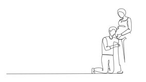 Animated self drawing of single continuous line drawing man or husband kneel down and listening to his Arabic pregnant wife belly, expecting new born baby. Future parents. Full length animation - Powered by Shutterstock - Get 15% off with code: PIKWIZARD15