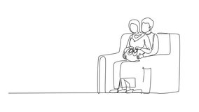 Animation of self drawing animation of single continuous line drawing Arab pregnant woman sitting in cafe and using laptop. Freelance work. Working as freelancer during pregnancy. Full length motion - Powered by Shutterstock - Get 15% off with code: PIKWIZARD15