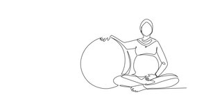 Animation of single one line drawing beautiful Arabian pregnant woman exercising at home with pilates ball. Pregnant girl in sports hijab with fitball. Healthy pregnancy. Full length motion - Powered by Shutterstock - Get 15% off with code: PIKWIZARD15
