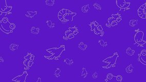 This cheerful digital animated illustration presents a seamless repeating pattern of cute hand drawn cartoon animals including frogs seahorses birds and shrimp against a vibrant purple background - Powered by Shutterstock - Get 15% off with code: PIKWIZARD15