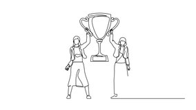 Animation of continuous one line drawing two women holding golden goblet together. Winners celebrating victory. Businesswoman with prize, trophy cup. Celebration business team. Full length motion - Powered by Shutterstock - Get 15% off with code: PIKWIZARD15