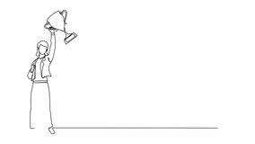 Animated self drawing of continuous one line drawing businesswoman with trophy standing with arms lifted in the air. Woman celebrating her business award. Winner, reaching goals. Full length animation - Powered by Shutterstock - Get 15% off with code: PIKWIZARD15