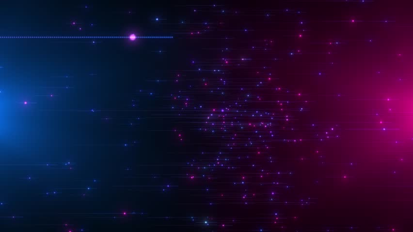 Abstract background with glowing blue and pink particles moving in space, creating futuristic light trails and dynamic digital energy motion.