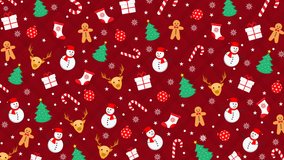 Red seamless looping background featuring cute Christmas icons, snowman, Christmas tree, candy cane, gift box, reindeer, and gingerbread. Perfect for holiday videos, greetings, or presentations. - Powered by Shutterstock - Get 15% off with code: PIKWIZARD15