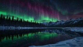 Majestic aurora borealis illuminating the snowy mountains and frozen lake, reflecting vibrant green and purple lights in a peaceful winter night. - Powered by Shutterstock - Get 15% off with code: PIKWIZARD15