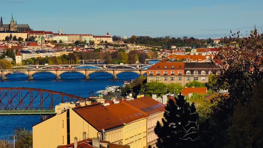 Prague Castle Red Rooftops Aerial View Czech Republic Cityscape Drone Footage Architecture European City Travel St Vitus Cathedral, 4K Video 