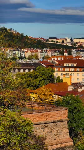 Prague Castle Red Rooftops Aerial View Czech Republic Cityscape Drone Footage European City Travel St Vitus Cathedral. 4K Vertical Video 