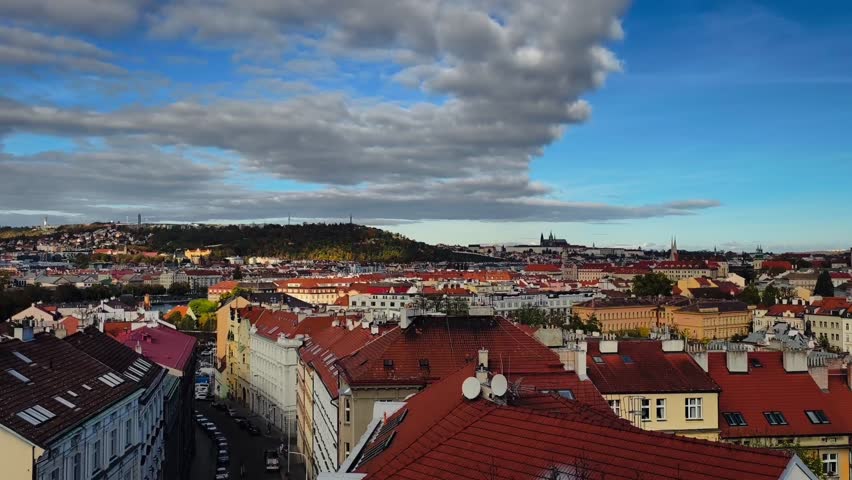4K Prague Castle Red Rooftops Aerial View Czech Republic Cityscape Drone Footage Historic Architecture European City Travel St Vitus Cathedral