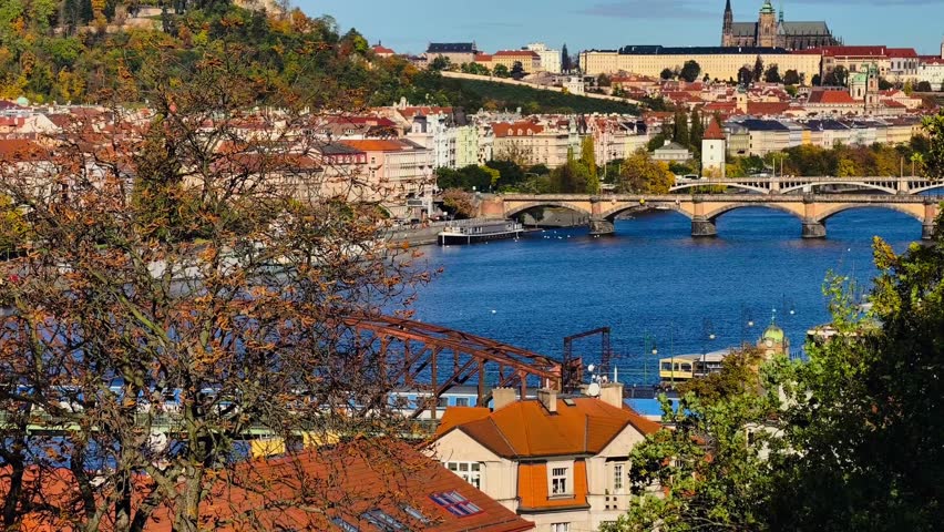 Prague Panorama Vltava River Autumn Prague Castle Skyline Red Rooftops Historic Bridges Blue Sky Czech Republic European Travel Cityscape View