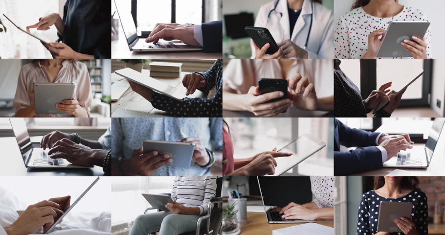 Changing multiple collage view different people using diverse devices at home and office, close up. Digital connectivity and multitasking in modern life, integration of technology into daily routines