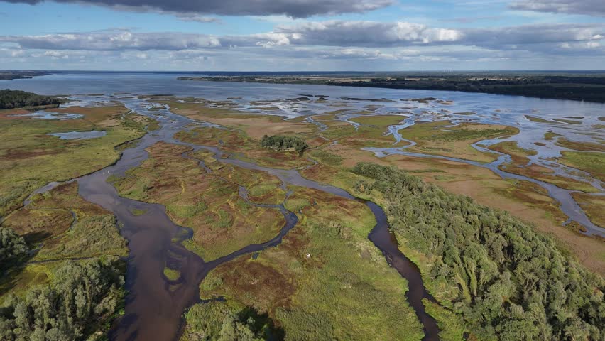 Drone film showing the Warta River delta in Jeziorsko Nature Reserve with wetlands, water channels, marsh areas and natural protected landscape