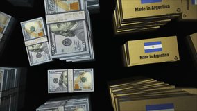 Made in Argentina box and US Dollar money bundle stacks. Argentinian export import Abstract concept 3d loopable seamless. - Powered by Shutterstock - Get 15% off with code: PIKWIZARD15