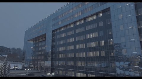Drone Flying around Modern Office Building Winter
