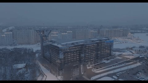 Drone Flying beside Modern Office Building Winter