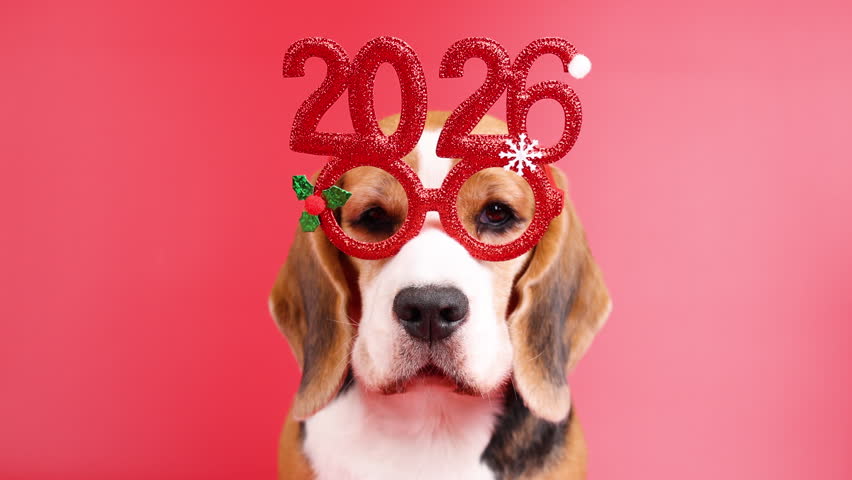 A beagle dog in carnival head decoration with the numbers of the 2026 New year