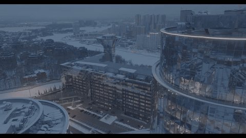 Drone Approaching Modern Office Building Winter