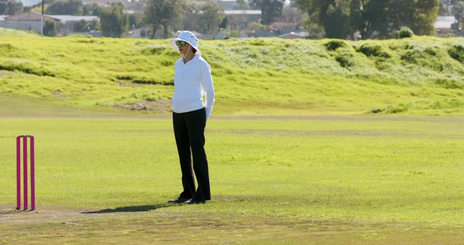 Teenage bowler running bowling ball hitting pink stumps, batter exiting, umpire watching in cricket. Cricket, athleticism, teamwork, outdoor, sportsmanship, competition, lifestyle