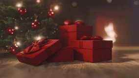 Idyllic Christmas eve scene with christmas gifts under fir tree in cozy interior with fireplace. Vintage and nostalgic New year holiday room with presents and ornaments. Merry christmas greeting card. - Powered by Shutterstock - Get 15% off with code: PIKWIZARD15