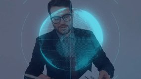 Rotating globe network fading in over desk, man in suit signing insurance form as hologram orbits. Global, business, technology, finance, corporate, professional, futuristic - Powered by Shutterstock - Get 15% off with code: PIKWIZARD15