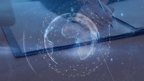 Pen hovering above notebook causing 3D globe rising above tablet while woman writing tech notes. Technology, innovation, digital, holography, analytics, workspace, education - Powered by Shutterstock - Get 15% off with code: PIKWIZARD15