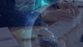 Business user typing keyboard grabbing green sticky pad as globe overlay rotating for jotting notes. Technology, innovation, workspace, digital, productivity, modern, communication - Powered by Shutterstock - Get 15% off with code: PIKWIZARD15