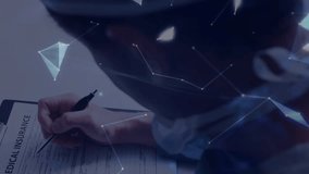 Man placing clipboard medical insurance form and signing while network forming rotating globe. Digital connectivity, technology, business, innovation, finance, collaboration, modern - Powered by Shutterstock - Get 15% off with code: PIKWIZARD15