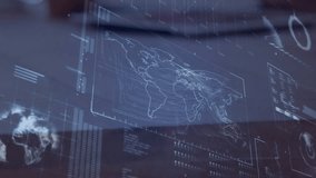 Frame three showing right hand holding pen writing notes beneath holographic world map for report. Technology, innovation, data visualization, analytics, futuristic, workspace, business - Powered by Shutterstock - Get 15% off with code: PIKWIZARD15