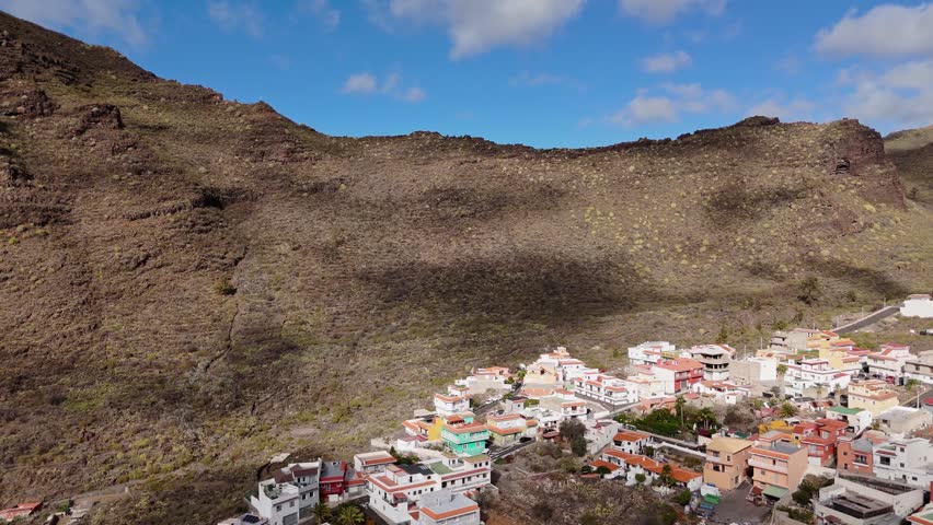 Aerial Landscape of Los Gigantes area explored by Drone POV in Tenerife. Los Gigantes is a famous giant rock formation with a nearby resort town. Ambient drone exploration of Spanish island. 