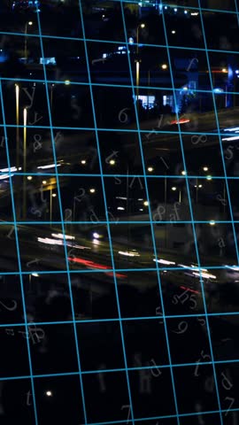 Animation of digital fingerprint with grid over time lapse of vehicles moving on street in city. Digital composite, multiple exposure, security, biometric, skyscrapers, transportation, technology.