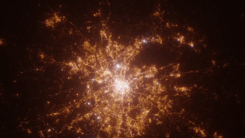 Moscow (Russia) aerial view at night. Top view on modern city with street lights. Camera is flying above the city, moving backward