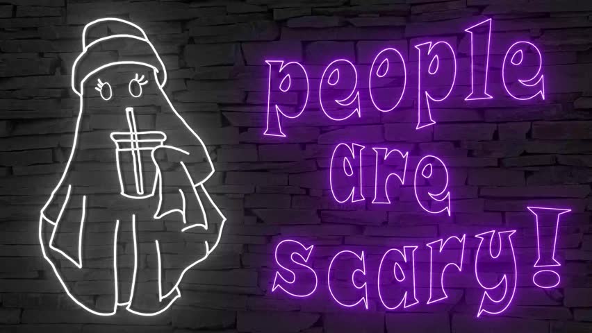 People are scary + silhouette of ghost with coffee illuminated 3d illustration retro neon signs, so sweet and cute 10s 4k video art, cute Halloween wishes in white and purple, funny for friends