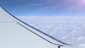 View from airplane window showing aircraft wing over a sea of clouds under clear blue sky. Colorful sunlight rays create a dreamy and ethereal atmosphere, symbolizing travel, freedom, and inspiration. - Powered by Shutterstock - Get 15% off with code: PIKWIZARD15