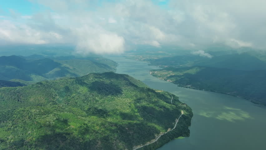 Aerial view on the Danube river and mountains in Djerdap National Park, Serbia Romania border, 4k