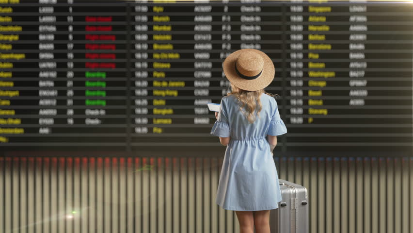 Female traveler waiting for flight, searching gate on departure board in airport