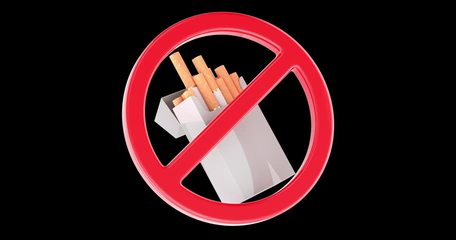 Cigarette pack inside a red prohibited sign, rotation animation, seamlessly loopable. 3D rendering