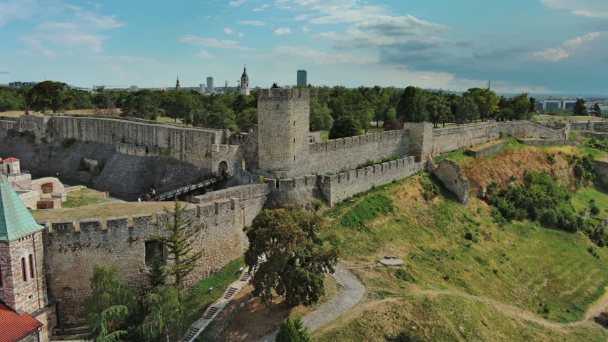 Aerial view of Kalemegdan fort in Belgrade Serbia and Sava river at summer, 4k