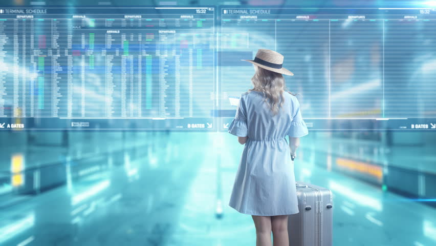 Woman with suitcase watching glitchy holographic flight departure display